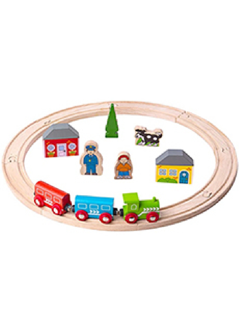 TREN CON RIELES Y ACCESORIOS DE MADERA