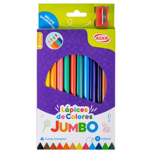LÁPICES DE COLORES JUMBO 12U + SACAPUNTAS