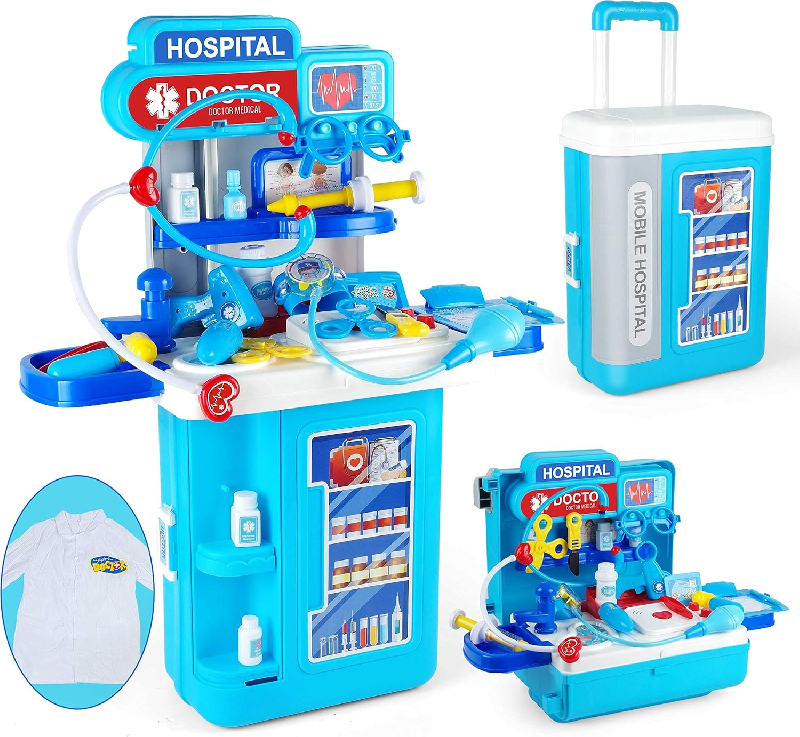 MALETA DOCTOR/HOSPITAL DE JUGUETE 4 EN 1 AZUL JUEGO DE NIÑOS