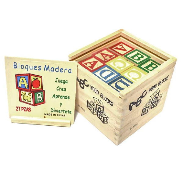 CUBO DE MADERA CON LETRAS/NÚMEROS 27 PIEZAS