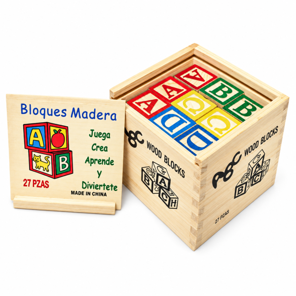 CUBO DE MADERA CON LETRAS/NÚMEROS 27 PIEZAS